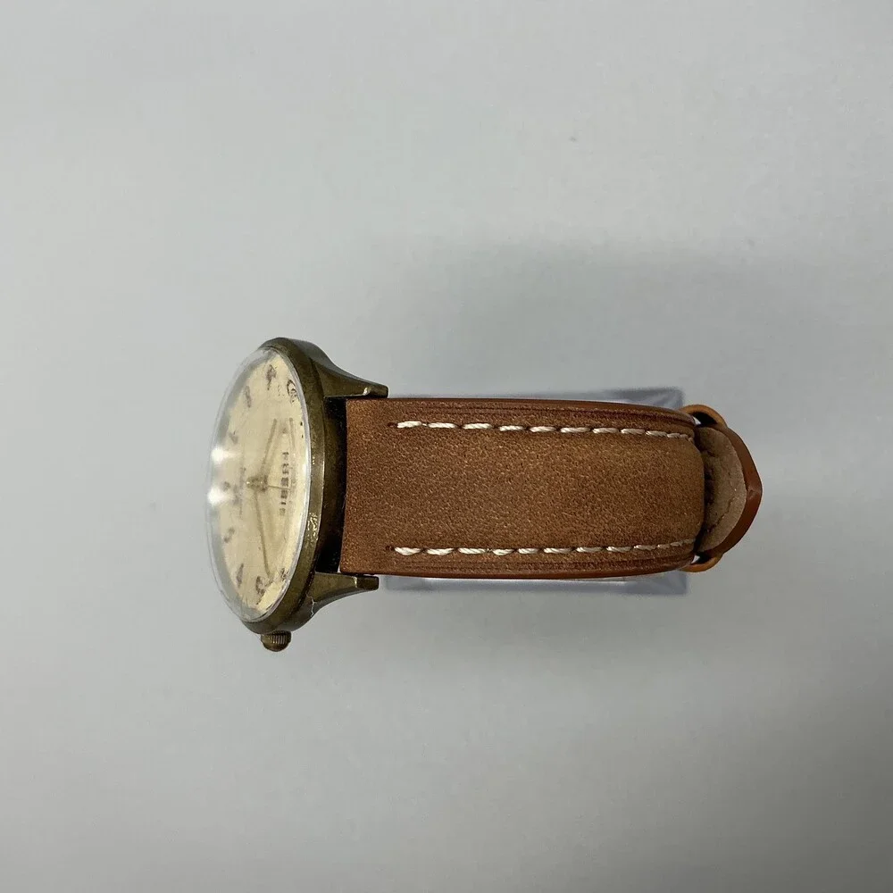Fossil Unisex Watch 34mm Cream Recycled Paper Dial Brown Leather New Battery